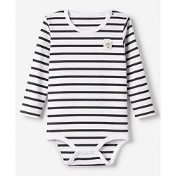 Bonfino Cotton Elastane Rib Knit Yarn Dyed Solid Full Sleeves Onesies with Stripes Pack of 3 - Off White Black & White