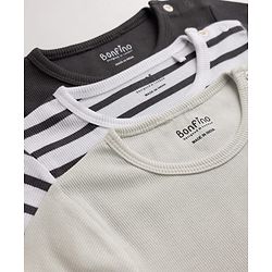 Bonfino Cotton Elastane Rib Knit Yarn Dyed Solid Full Sleeves Onesies with Stripes Pack of 3 - Off White Black & White
