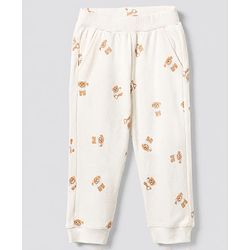 Bonfino Cotton Elastane Rib Knit Full Sleeves T-Shirt and Pajama Night Suit with Bear Print - White