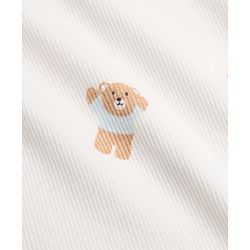 Bonfino Cotton Elastane Rib Knit Full Sleeves T-Shirt and Pajama Night Suit with Bear Print - White