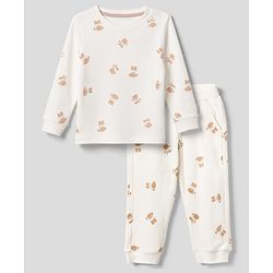 Bonfino Cotton Elastane Rib Knit Full Sleeves T-Shirt and Pajama Night Suit with Bear Print - White