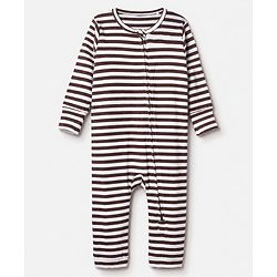 Bonfino Cotton Elastane Rib Knit Yarn Dyed Full Sleeves Front Open Striped Romper and Cap and Bib - Beige