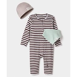 Bonfino Cotton Elastane Rib Knit Yarn Dyed Full Sleeves Front Open Striped Romper and Cap and Bib - Beige