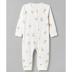 Bonfino Cotton Elastane Rib Knit Yarn Dyed Rompers Full Length with Full Sleeves and Teddy Bear Print Pack of 3 - Light Blue Light Grey & White