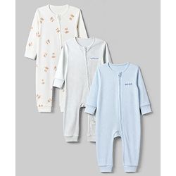 Bonfino Cotton Elastane Rib Knit Yarn Dyed Rompers Full Length with Full Sleeves and Teddy Bear Print Pack of 3 - Light Blue Light Grey & White