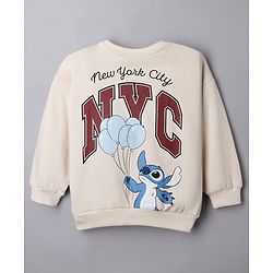 Bonfino Disney Fleece Knit Sweatshirt with Full Sleeves and Stitch & Text Print - Offwhite