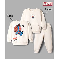 Bonfino Marvel Fleece Knit Full Sleeves T-shirt and Jogger With Front and Back Spider Man Graphics - Offwhite