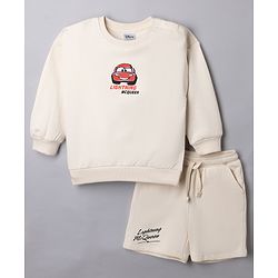 Bonfino Disney Fleece Knit Full Sleeve Sweatshirt and Shorts With Front and Back Mc Queens Graphics - Offwhite