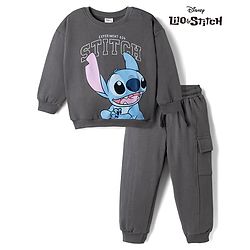 Bonfino Disney Fleece Knit Full Sleeves T-shirts & Joggers Set With Stitch Graphics - Grey