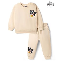 Bonfino Disney Fleece Knit Full Sleeves Sweatshirt and Joggers Set With Mickey Mouse Graphics - Offwhite
