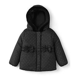 Bonfino Cotton Woven Padded Hooded Winter Jacket with Full Sleeves and Polka Dots Print in Black