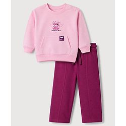 Bonfino Disney 100% Cotton Fleece Knit Full Sleeves Sweatshirt and Pant Set with Stitch Graphic at Front & Back - Pink