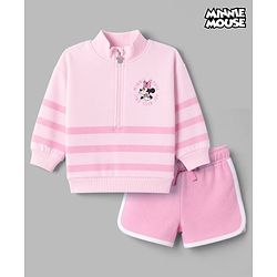 Bonfino Disney 100% Cotton Fleece Knit Full Sleeves Sweatshirt and Shorts Set with Minnie Mouse Graphic - Pink