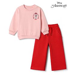 Bonfino Disney 100% Cotton Fleece Knit Full Sleeves Sweatshirt and Pant Set with Marie Graphic in Pink