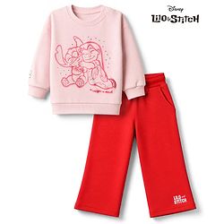 Bonfino Disney 100% Cotton Fleece Knit Full Sleeves Sweatshirt and Pant Set with Lilo and Stitch Graphic in Pink