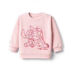 Bonfino Disney 100% Cotton Fleece Knit Full Sleeves Sweatshirt and Pant Set with Lilo and Stitch Graphic in Pink