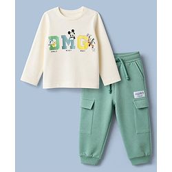 Bonfino Disney 100% Cotton Interlock Knit Full Sleeves T-Shirt & Joggers Set With Mickey Mouse Graphic & Text Print - Light Green