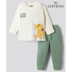 Bonfino Disney 100% Cotton Interlock Knit Full Sleeves T-Shirt & Pyjama Night Suit with Lion King Graphics - Offwhite & Green