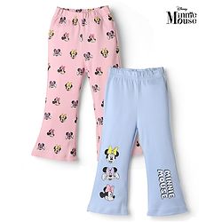 Bonfino Disney 100% Cotton Lycra Knit Full Length Leggings With Minnie Mouse Print Pack Of 2 - Light/Sky Blue & Pink