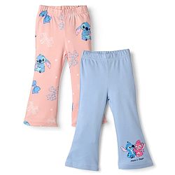 Bonfino Disney 100% Cotton Lycra Knit Full Length Leggings With Stitch Print Pack Of 2 - Light/Sky Blue & Pink