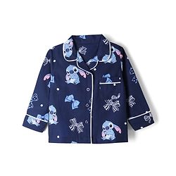 Bonfino Disney 100% Cotton Single Jersey Knit Full Sleeves Shirt & Pajama Night Suit with Bow & Stitch Print - Navy Blue