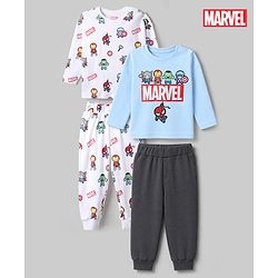 Bonfino Marvel 100% Cotton Interlock Knit Full Sleeves Co-ord T-Shirt & Pajama Night Suit with Avengers Graphic Print Pack of 2 - White & Light Blue