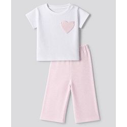 Bonfino 100% Cotton Knit Half Sleeves T-Shirt & Pyjama Night Suit with Heart Applique - White & Light Pink