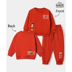 Bonfino Disney 100% Cotton Fleece Knit Full Sleeves Sweatshirt and Joggers Set with Mickey Mouse Graphic in Red